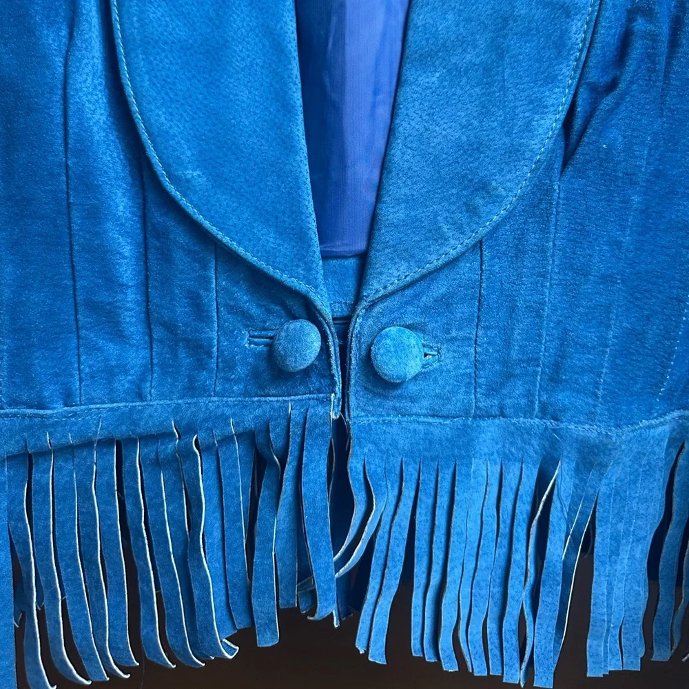 Vintage Blue Suede Fringe Cropped Jacket Western Boho Cowgirl M - Picture 8 of 9